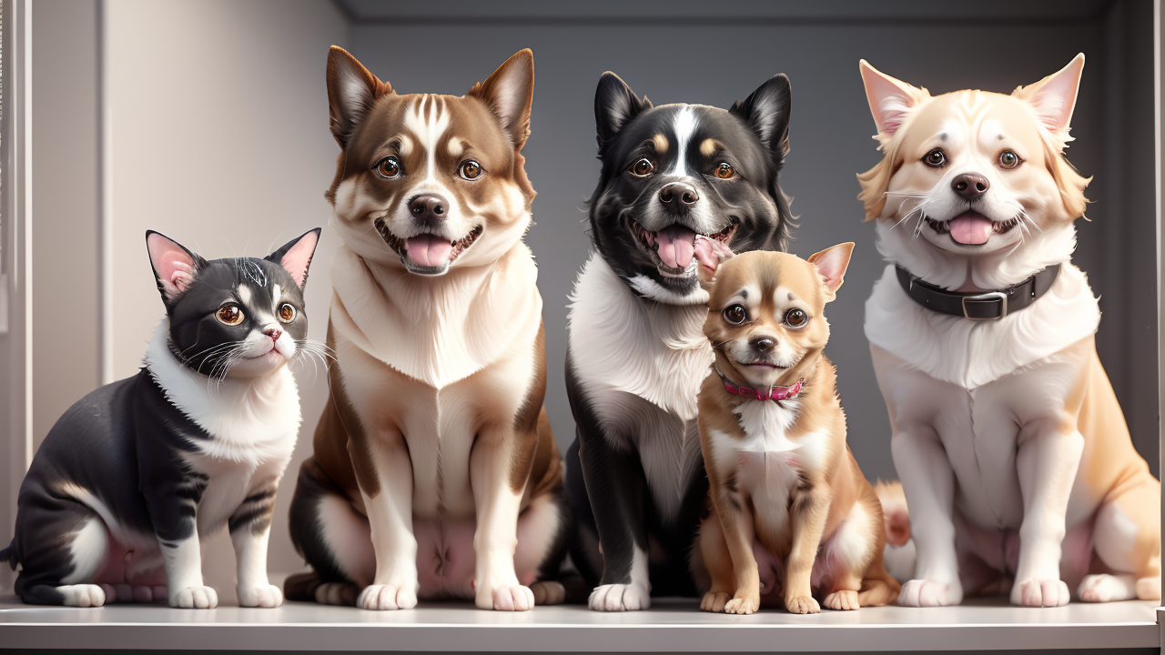 Five adorable pets at Pet Shop Central joyfully sitting at Pet Center display