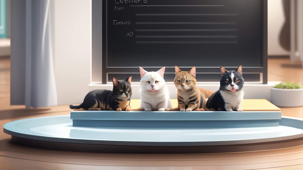 pet hub, Six cats with varied coats on white platform, highlighting Modern Pet Shops.