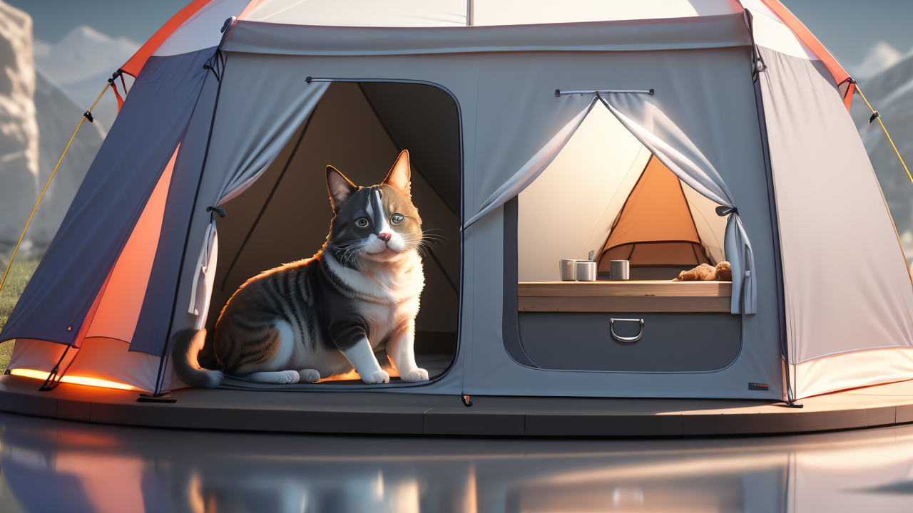 Cat lounging in front of red and gray tent with mountain backdrop, showcasing Pet Tents