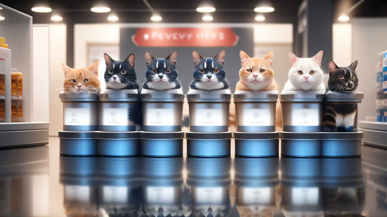 Six cats and a dog on a modern platform at a pet center pet shop.