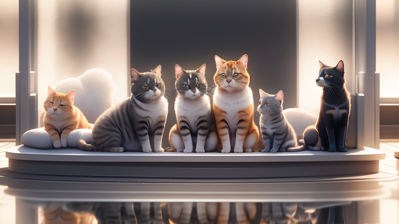 Pet Oasis: four diverse cats on sleek pet station in minimalist kitchen setting