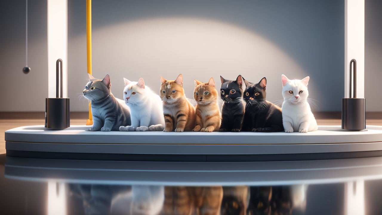 Seven cats on modern platform at luxury Pet Care Center with gray gradient backdrop