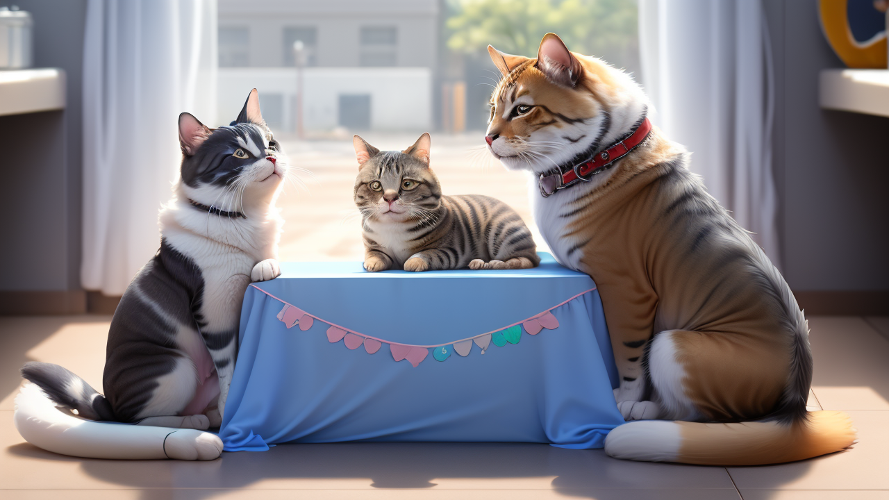 pet center, Whimsical pet care center scene with three cats on a stage with red collars.