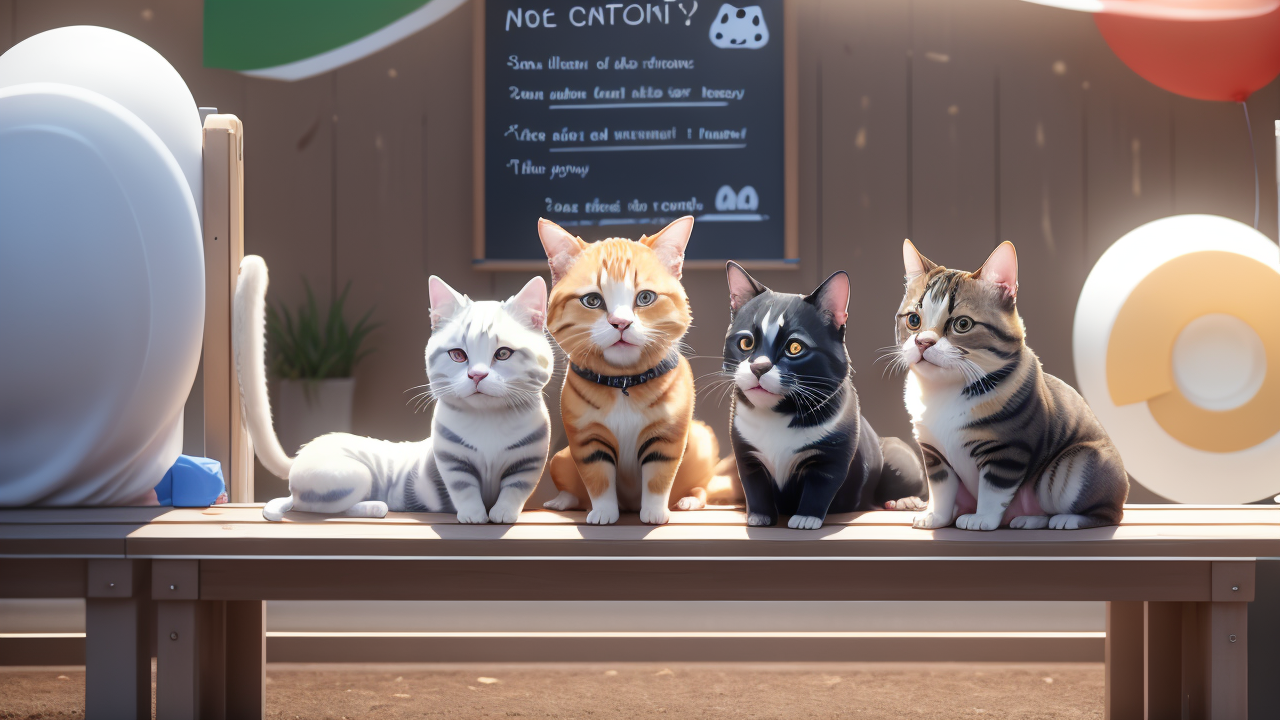 Four cats on a rustic bench at a luxury pet care center with a whimsical blackboard.