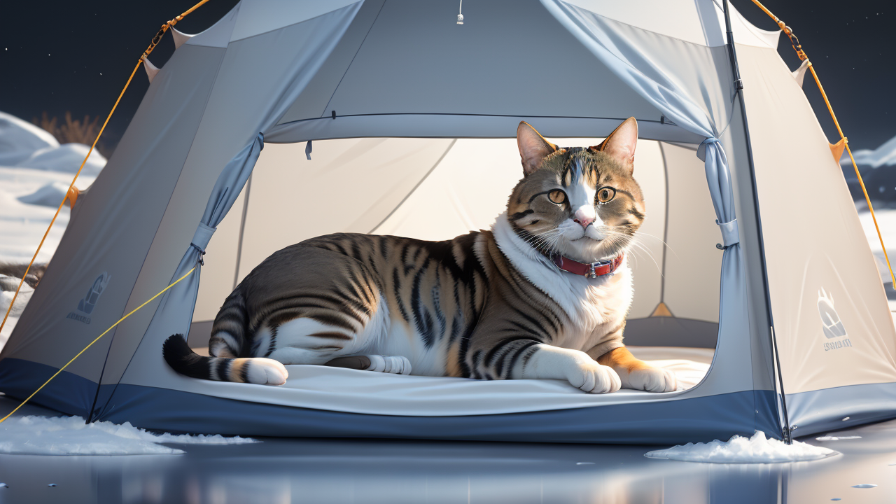 pet house, Anthropomorphic cats in a Pet Tent with desert backdrop and sand dunes.