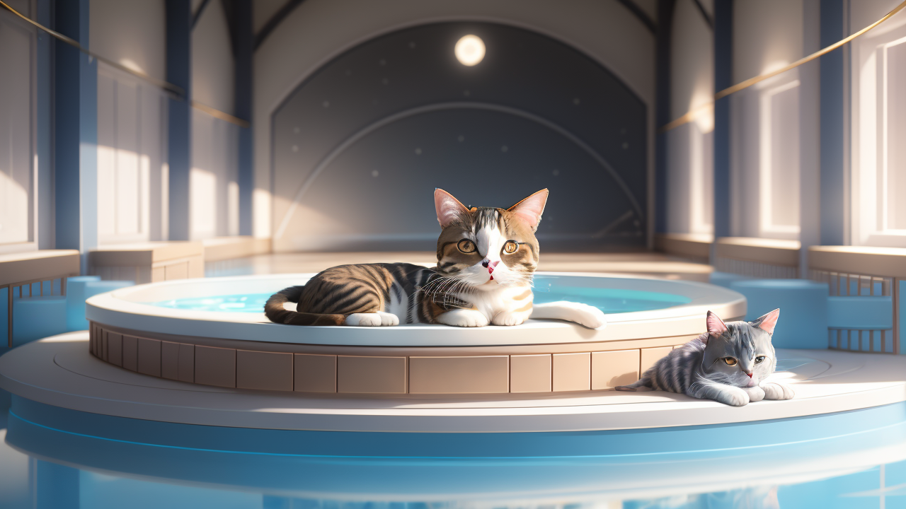 Cats lounging by an indoor pool at a pet tent, enjoying a serene pet vacation.