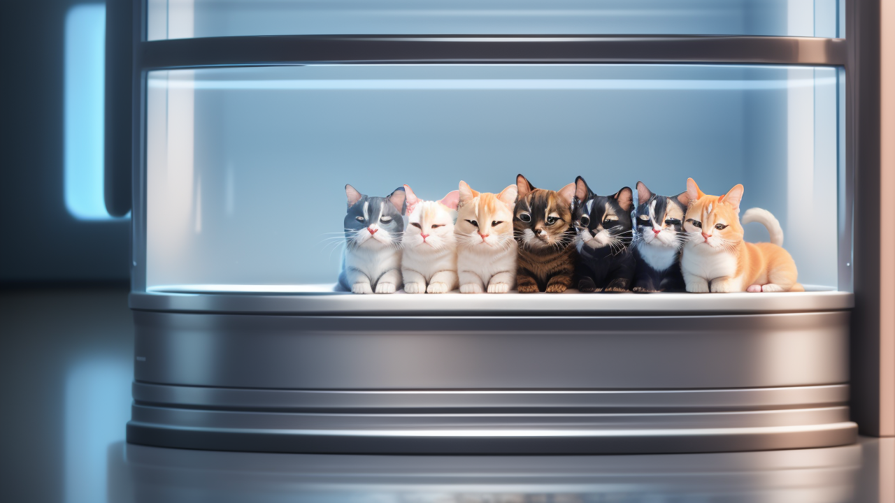 Whimsical kittens in pet tent setup inside modern stainless steel fridge