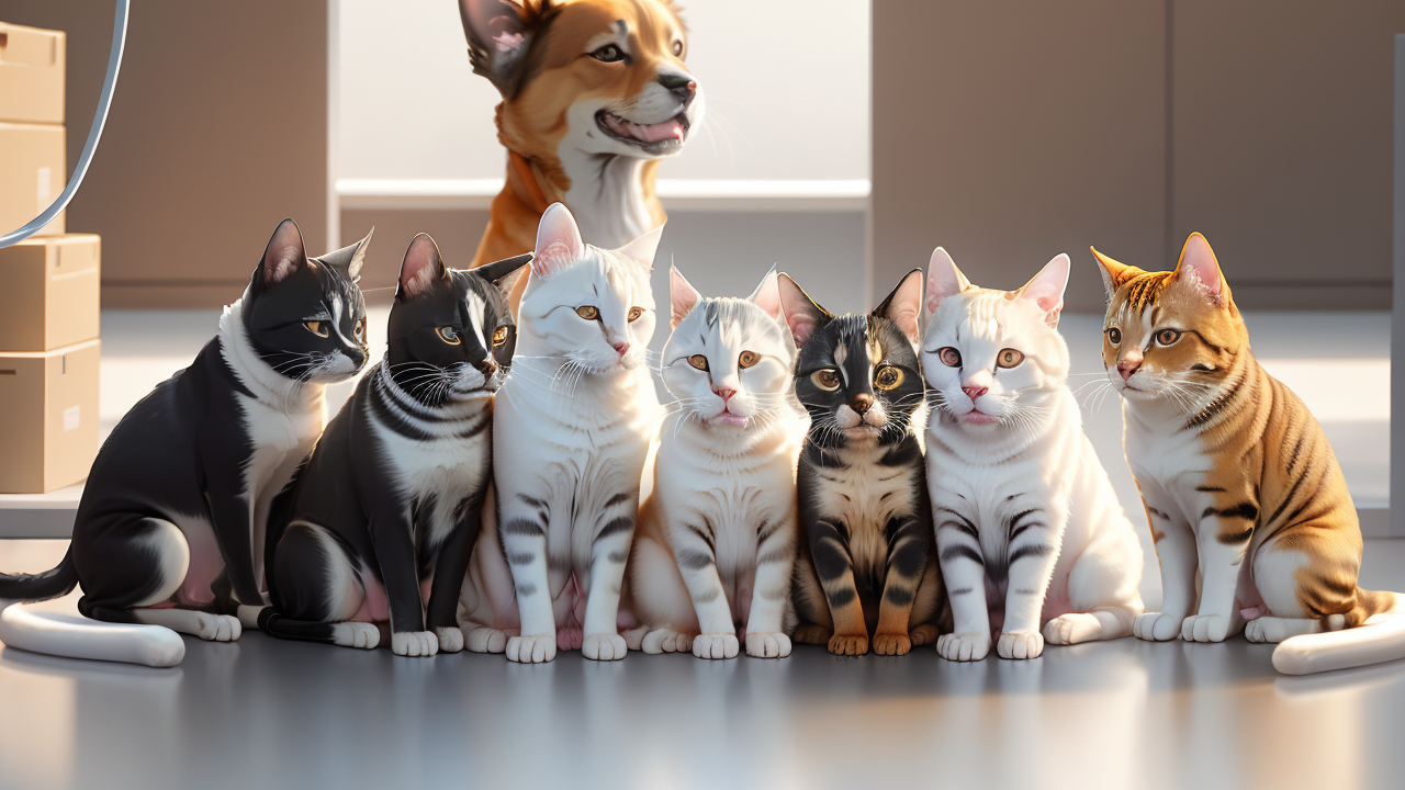 Three cats at Pet Care Center window, black with blue collar, orange with red, gray with purple.