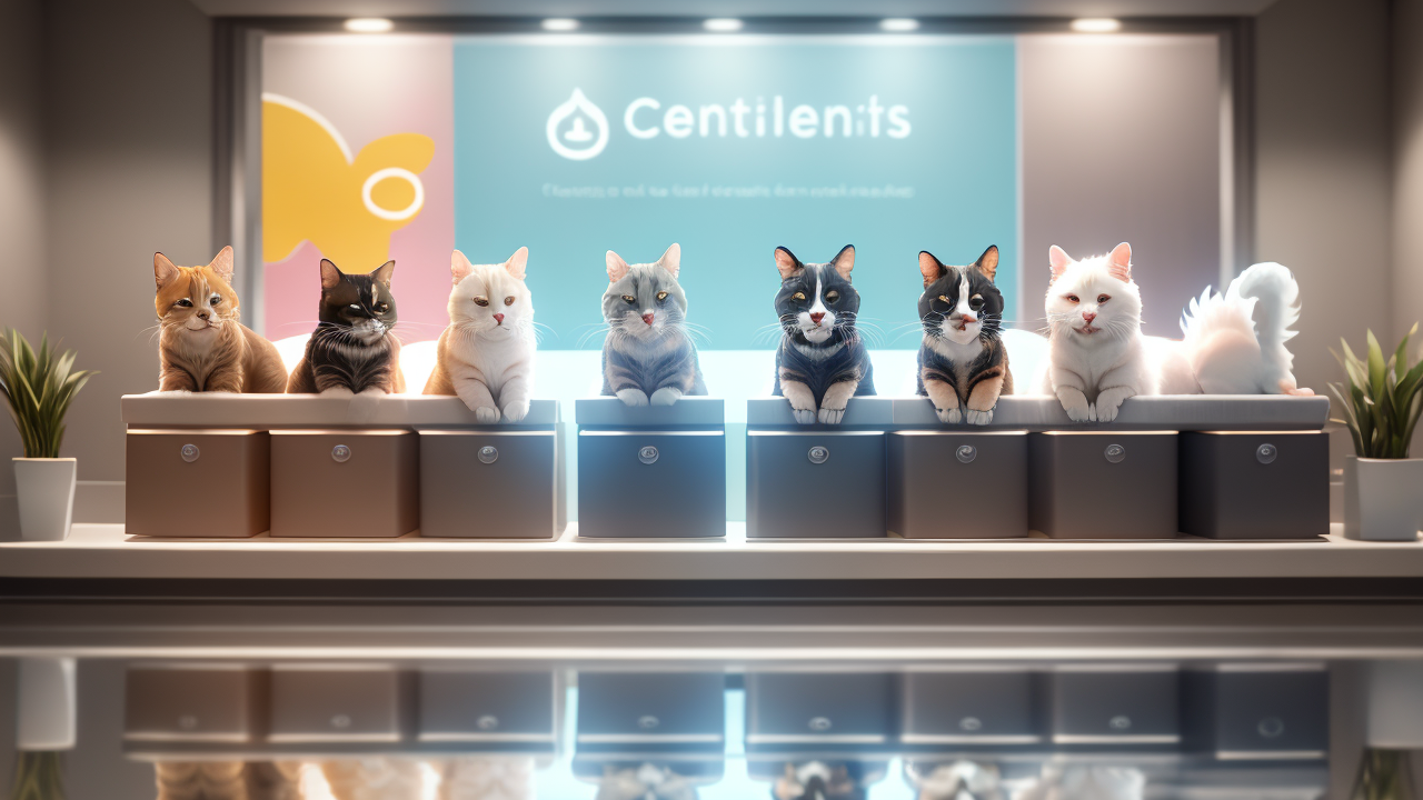 Anthropomorphic cats in Pet Shop Central with Centilens logo, highlighting pet centers.