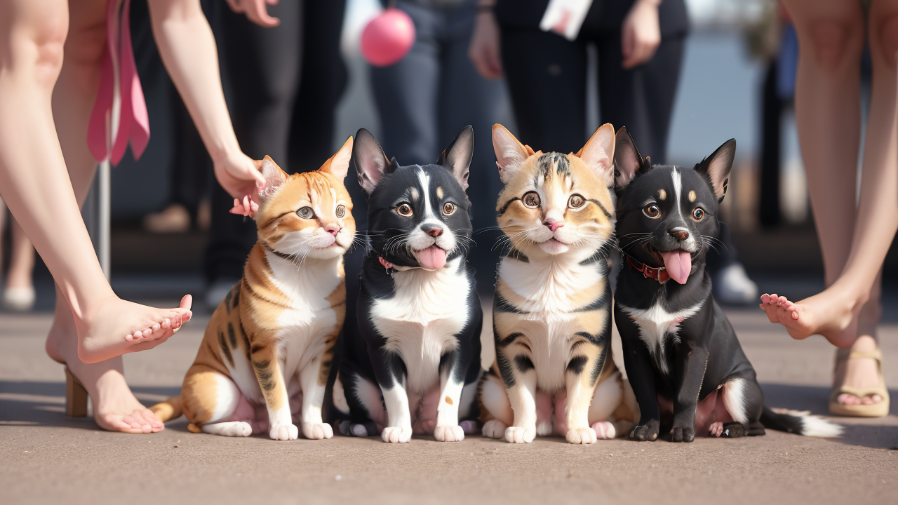 Pet Oasis hosts charming row of cats at pet station, showcasing diverse coat patterns.