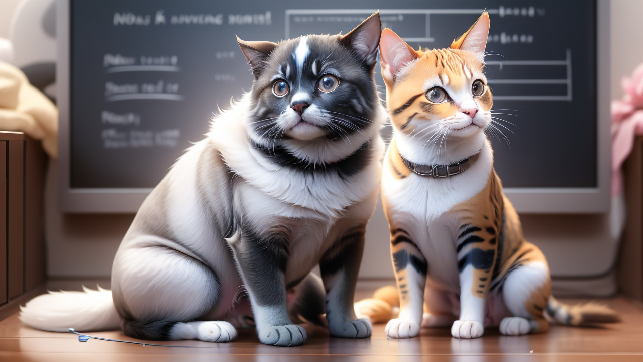 Two attentive cats with distinct coats at Pet Center on wooden floor, focus: Pet Care