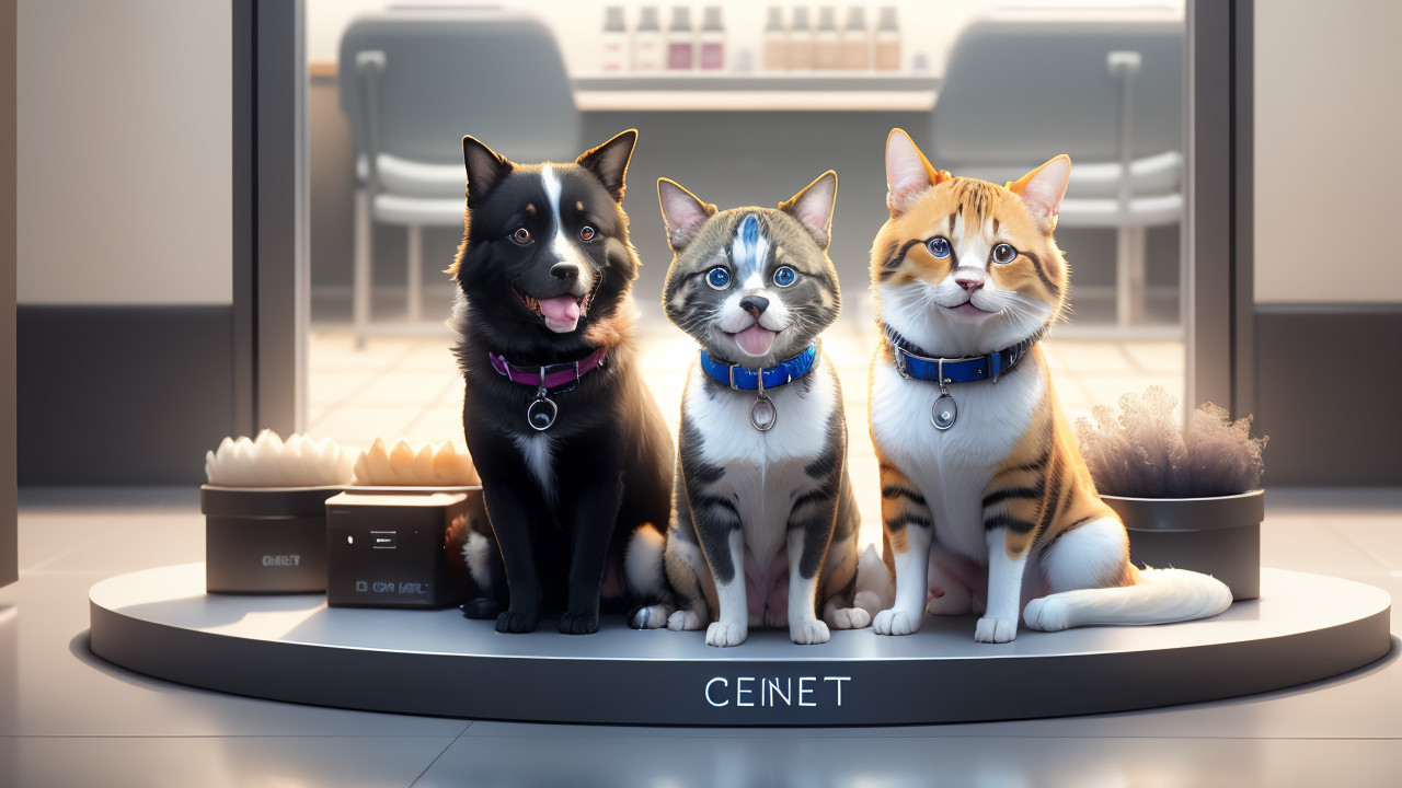 pet boutique, Anthropomorphized pets on "CENET" platform in office, for Pet Supplies promotion.