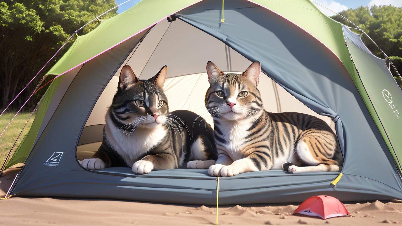 pet station, Cat sitting beside pet tent with mountain view, evoking a camping atmosphere.