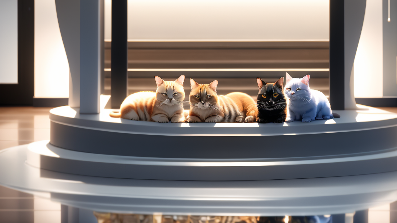 Four diverse cats posing on a white platform at Pet Center, lit by natural light.