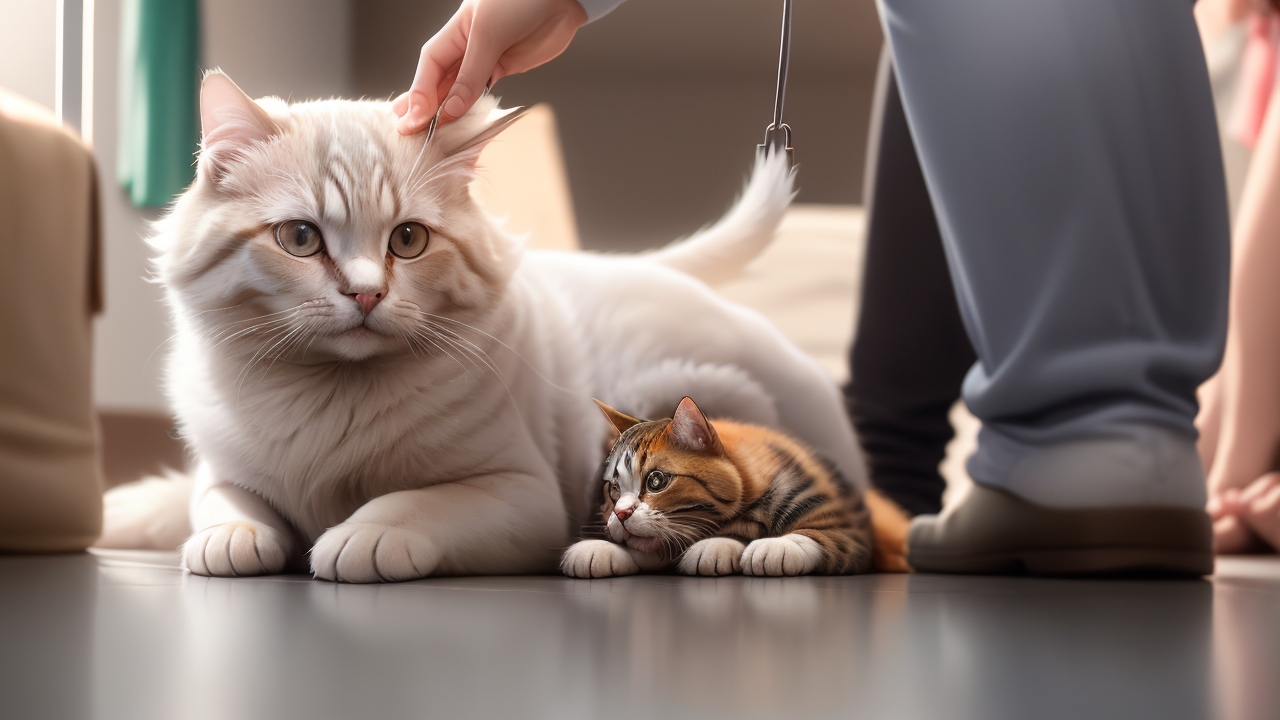 Cats resting on a polished floor with human hand at Pet Center, no pet tent present.