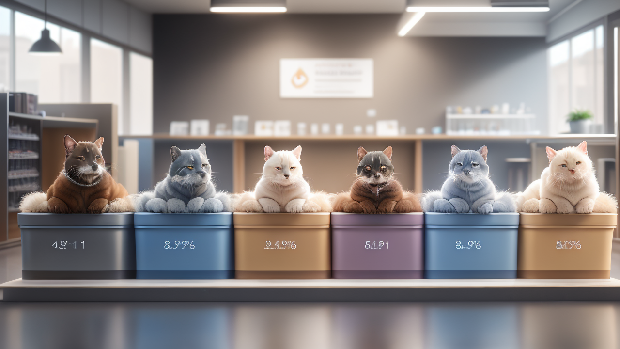 Trio of cats on a sleek platform at Pet Care Center display