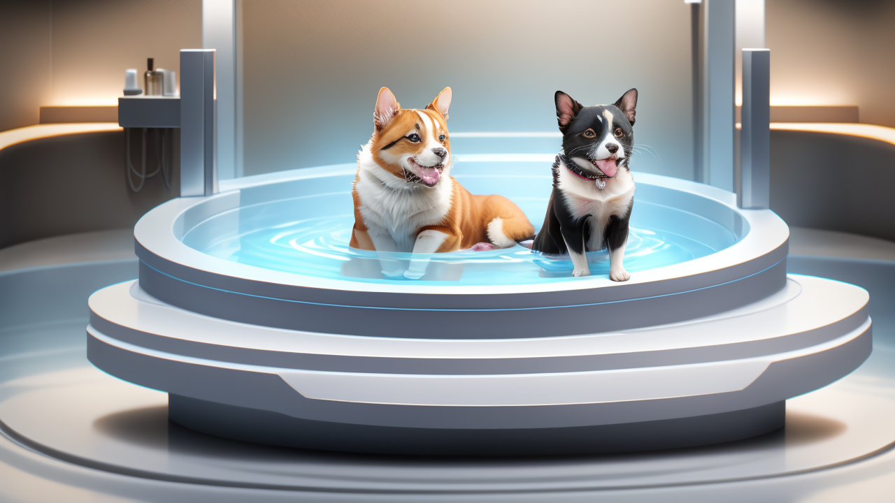 pet hub, Two Pembroke Welsh Corgis enjoy a bath in a futuristic Pet Boutiques setting.