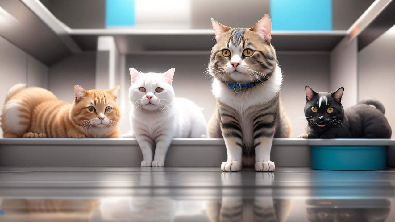 pet station, Pet Oasis: six serene cats on a reflective surface in a tranquil setting