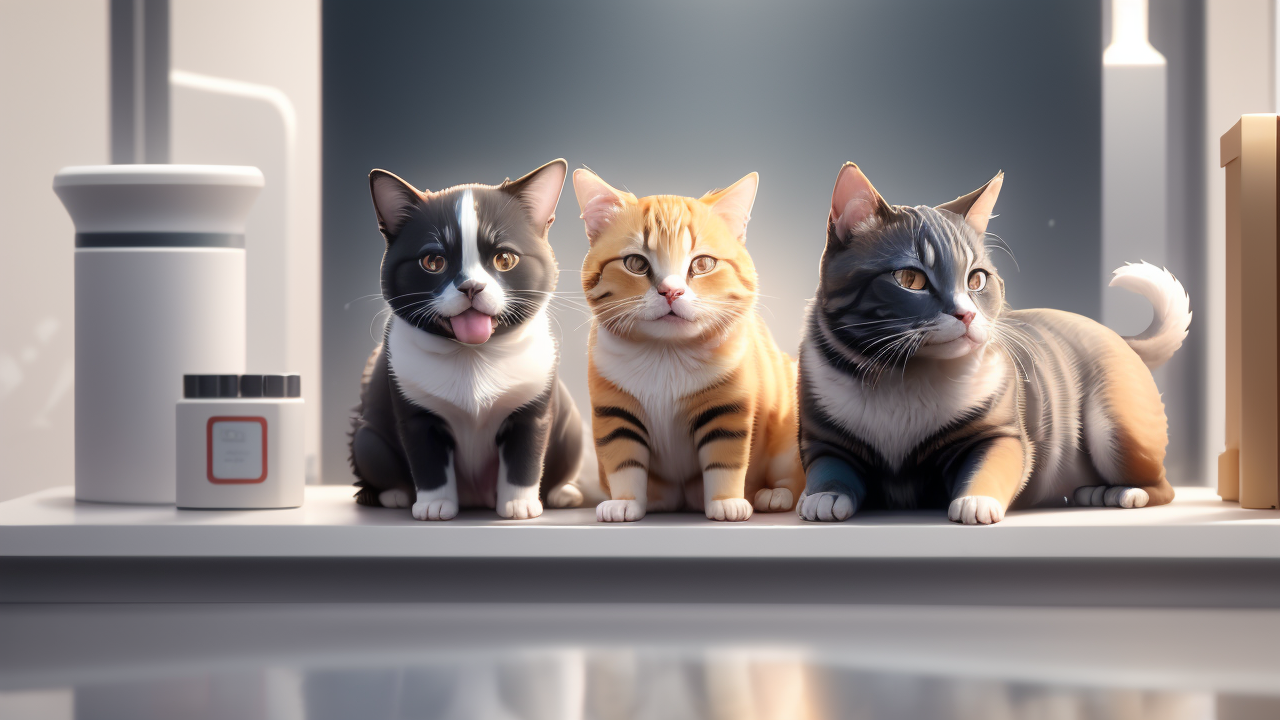 Trio of cats posing on white surface showcasing Pet Hub pet tent atmosphere