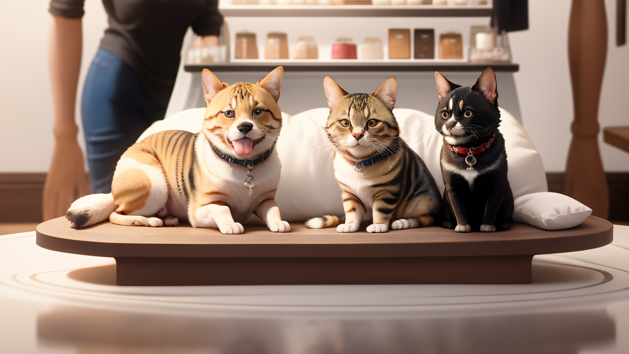 Three cats on a wooden table in a cozy pet boutique setting.