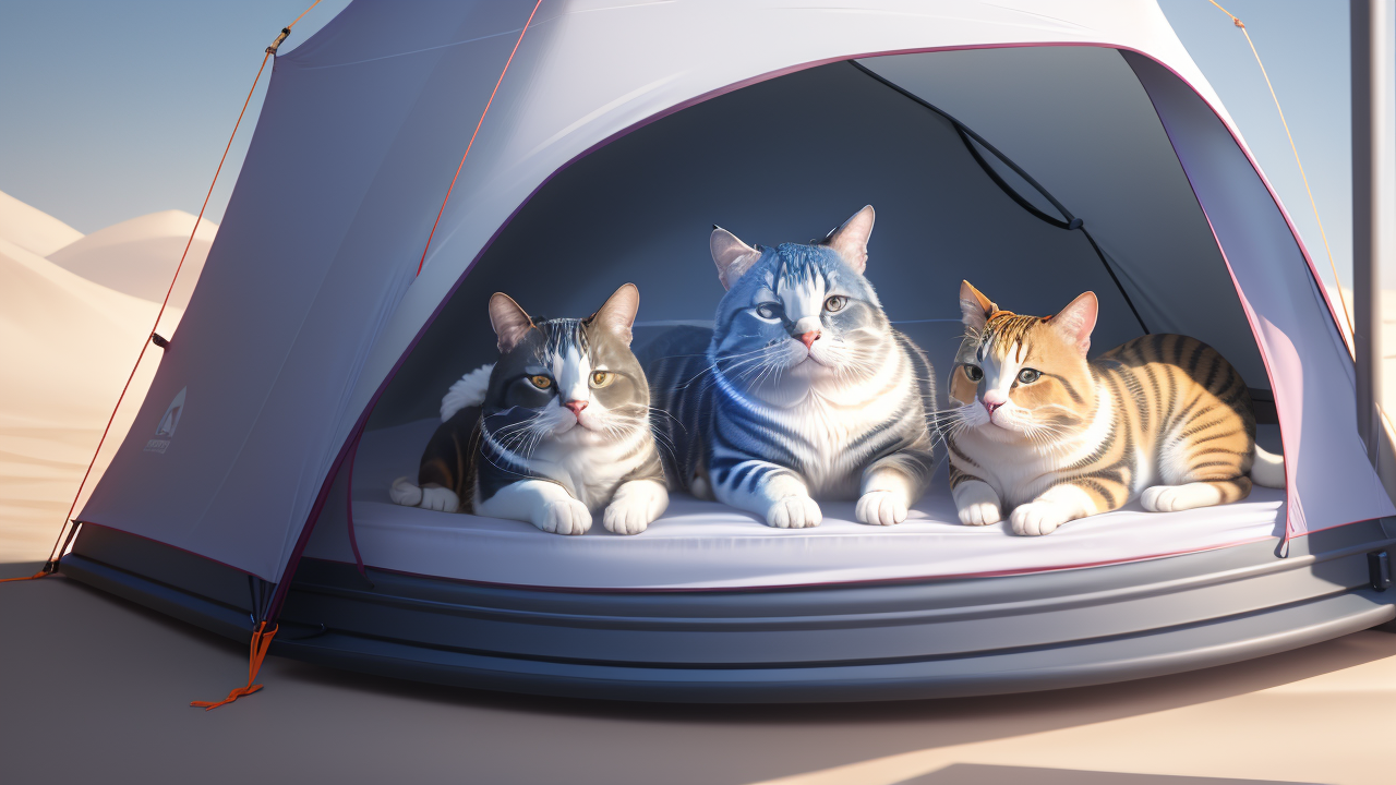 pet house, Tiger-striped cat in illuminated pet tent amidst snowy backdrop, evoking warmth.