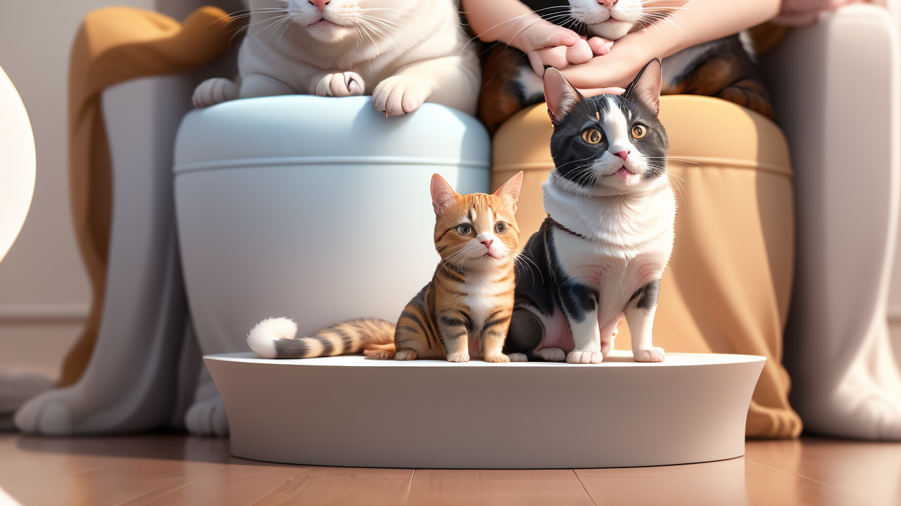 Pet Centers scene: three cats on white platform, wooden floor, warm lighting, Pet Hub nearby