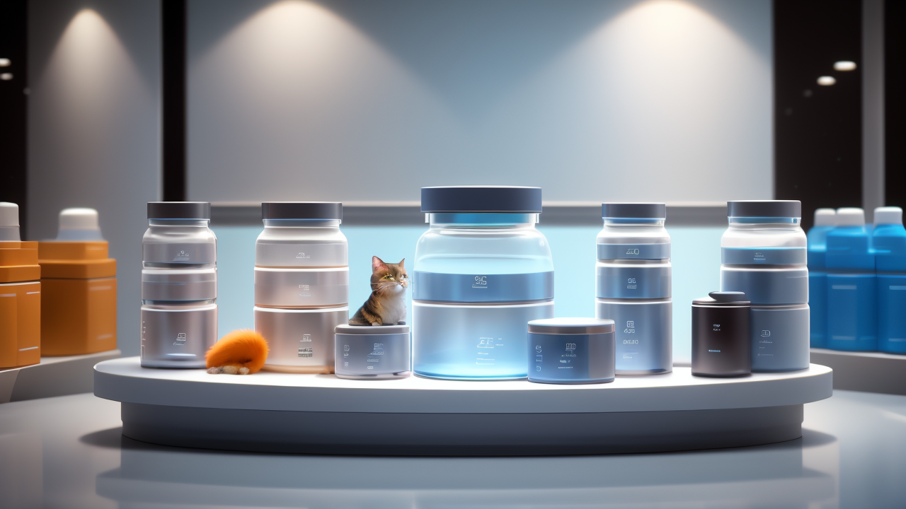 Pet Shop Centro display with Pet Shop Products, featuring a central blue jar and cat.