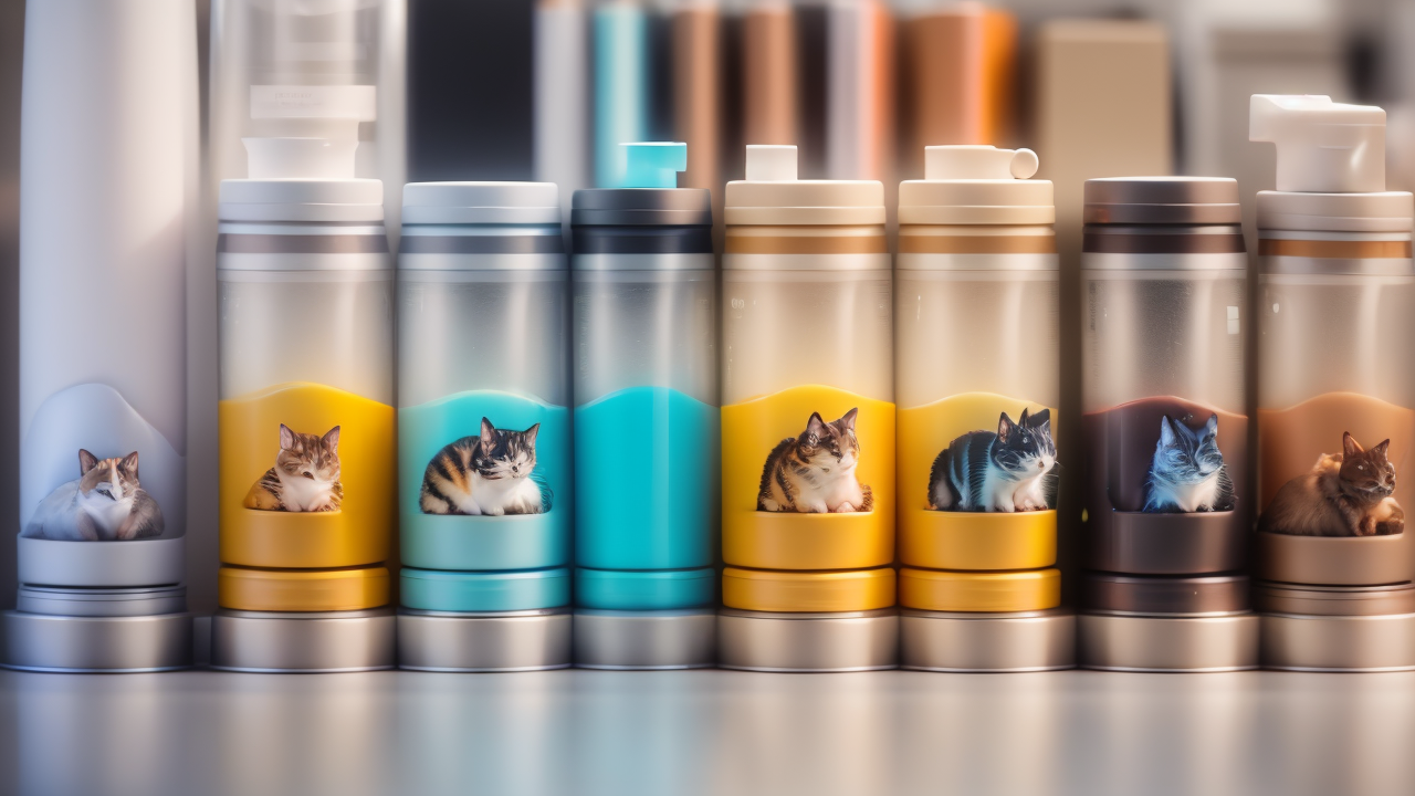 Colorful cat-themed bottles displayed at Pet Center, perfect for pet shops