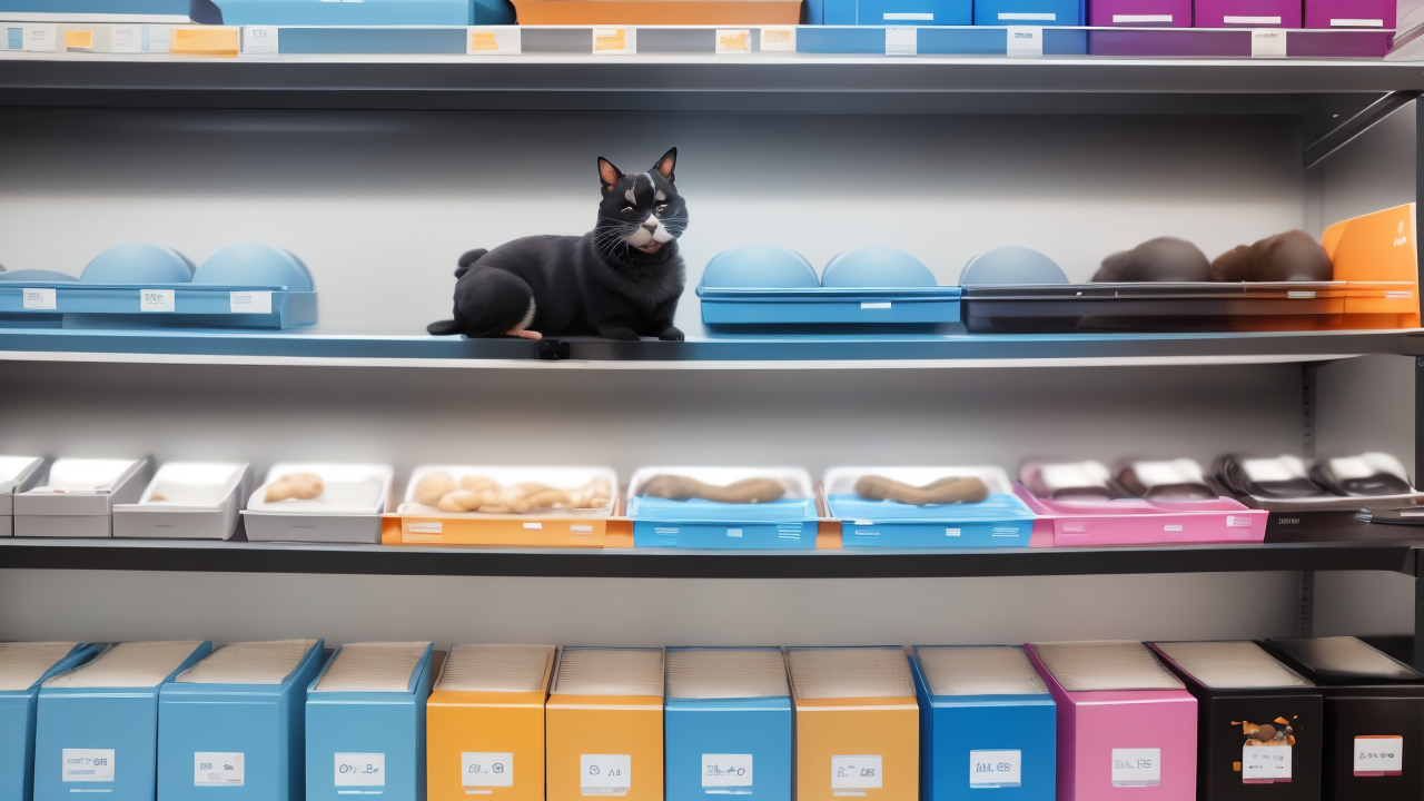 Black cat with white paws on shelf in Pet Shop Central lab, featuring pet care items.