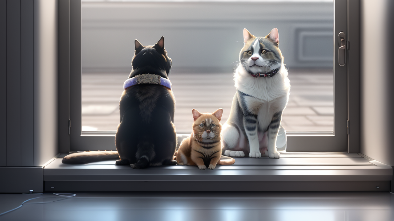 Group of cats and a dog in a cozy room at Pet Care Center with cardboard box nearby.