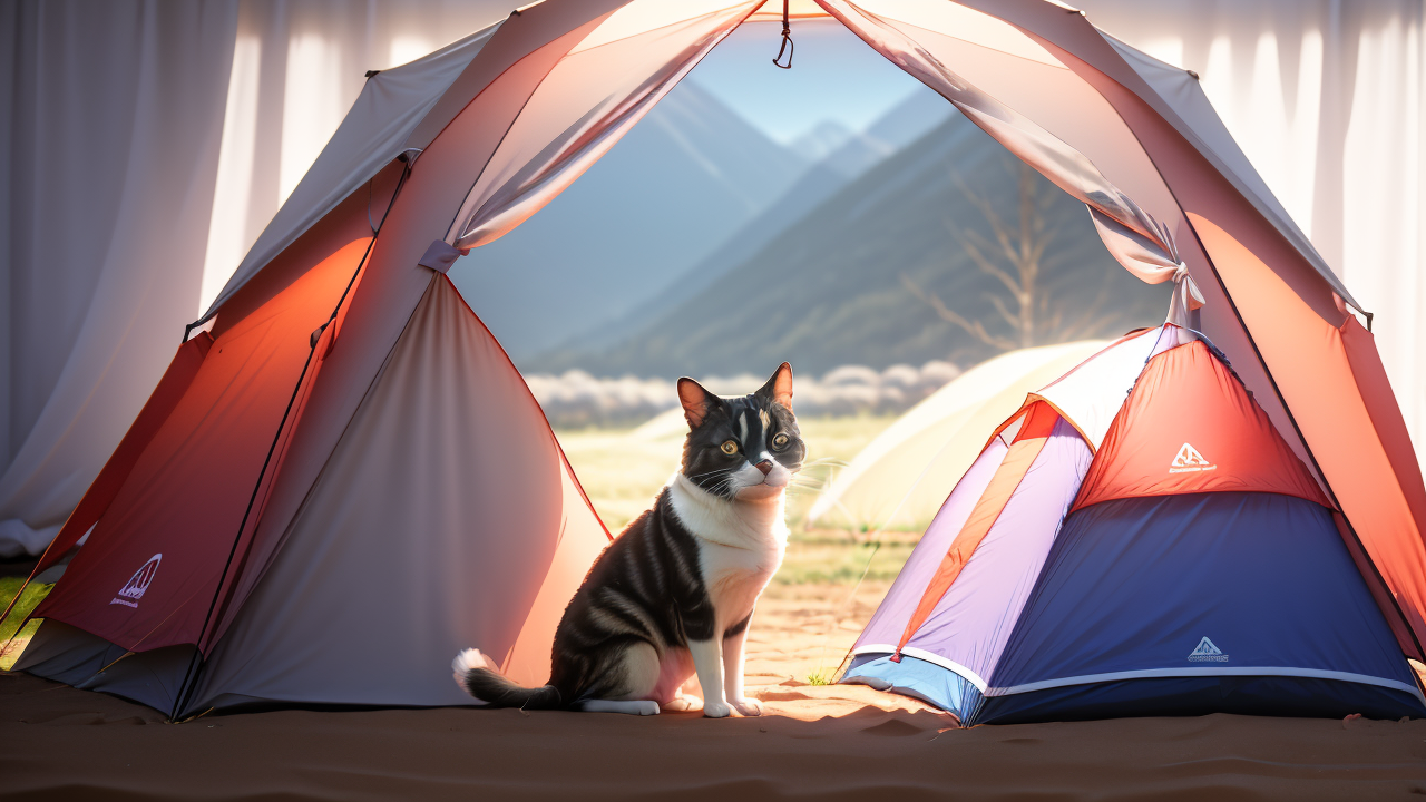 Calico cat in a cozy tent with camping gear on wooden floor at Pet Hub event