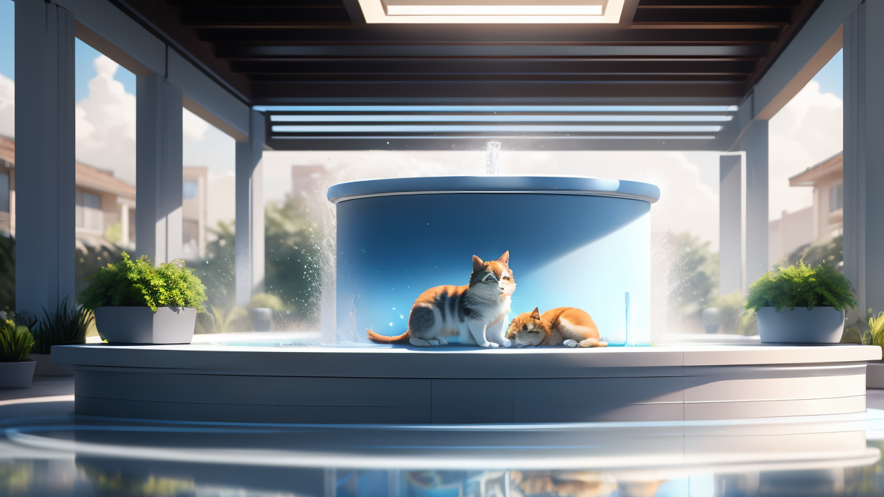 Pet Oasis at Pet Center: cats on blue fountain amidst greenery and modern design