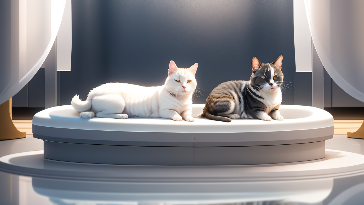 Pet Boarding scene at Pet Shop Central with tranquil cats on a white platform.