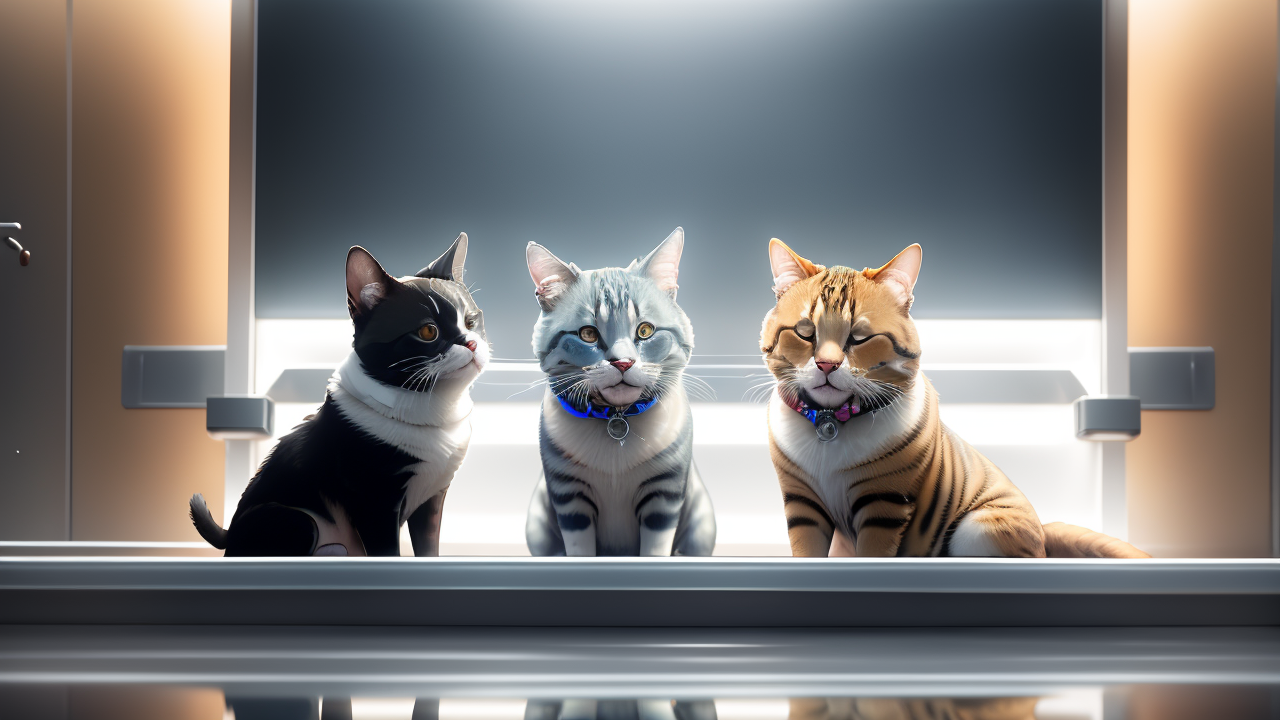 Pet shop Centro features trio of cats for pet boarding on reflective surface