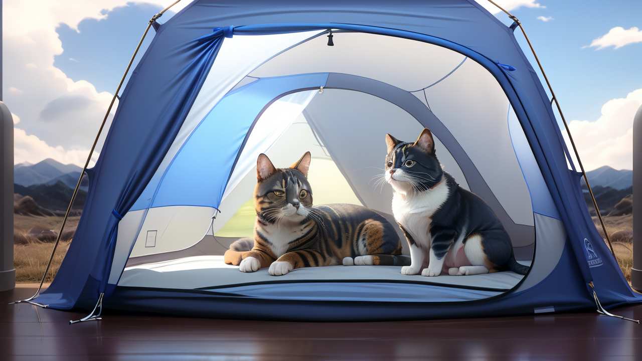 Pet Tents in a Mountainous Landscape with Two Cats Campers at Pet Center