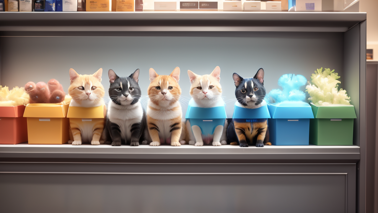 pet center, Whimsical display of six cats with colorful vests at Upscale Pet Shops.