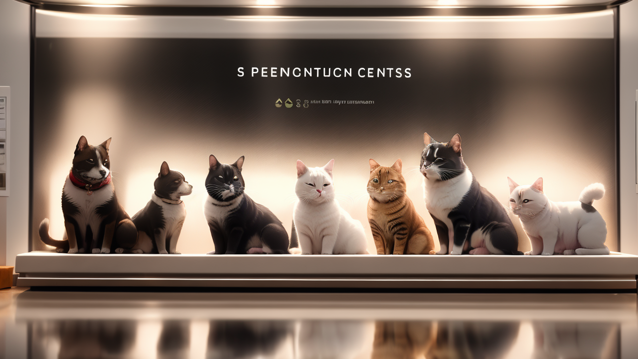 Eight unique cats posing in front of stylized Pet Shop Centro sign, modern pet care centers ambiance.