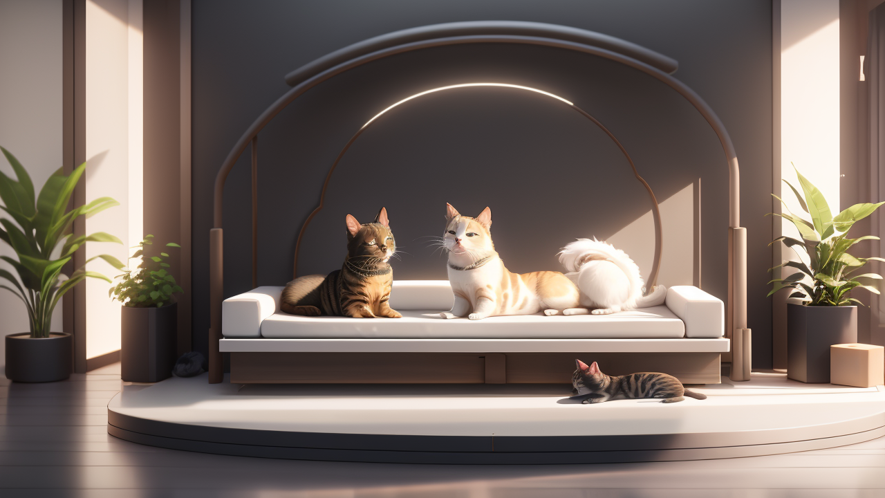 Pet Connect cats in microwave, cozy scene in modern Pet House kitchen.