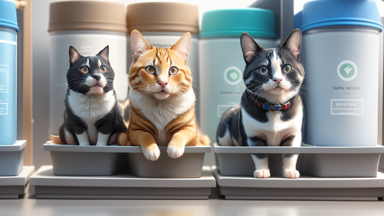 Trio of cats at Pet Center with colorful collars, surrounded by vibrant containers