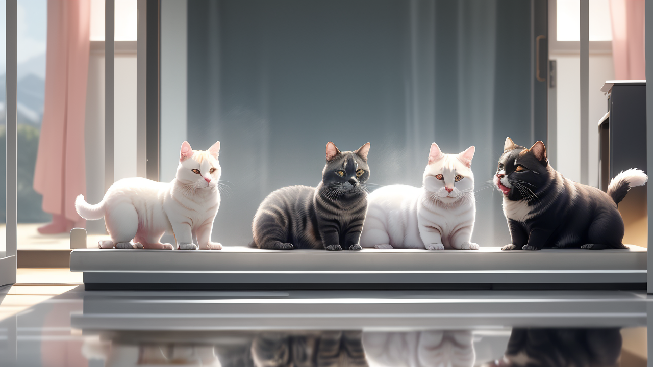 pet center, Four cats on a reflective surface at Pet Care Center with a serene mountain view