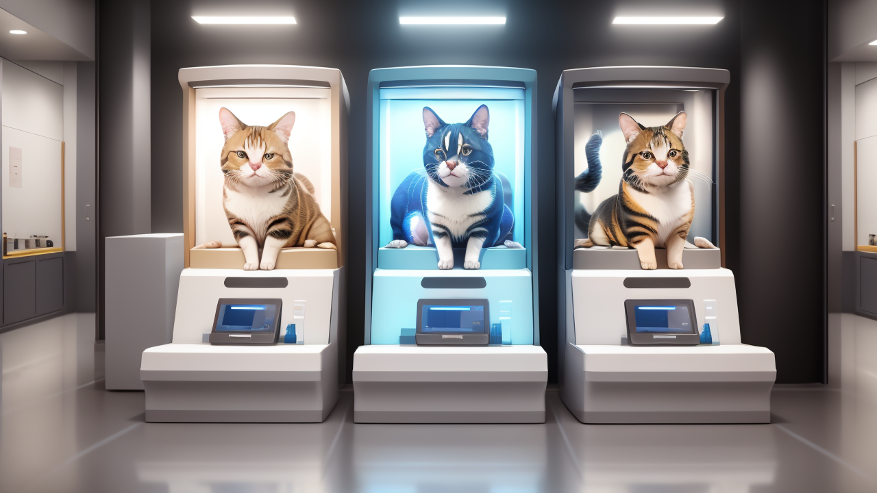 Pet Hub trio of cats on modern platform showcasing pet wellness in a sleek setting