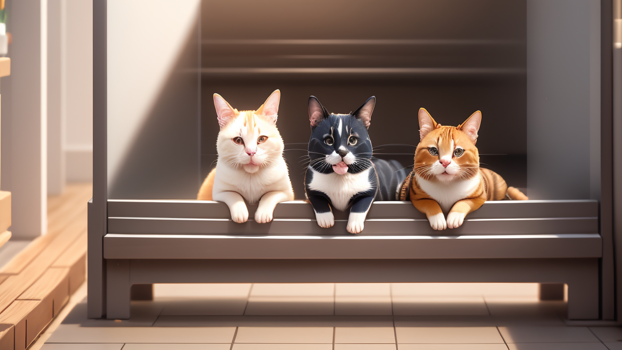 Three cats on a wooden bench at Pet Center, showcasing diverse coat patterns.