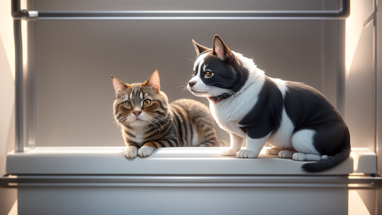 Cats in a fridge at Pet Center; striped cat on shelf, black and white cat on door.