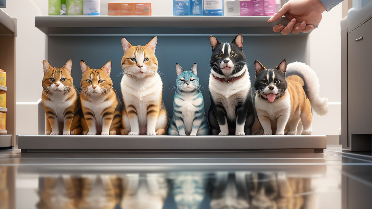 Whimsical central pet dogs with vibrant pet care products at a grooming desk.