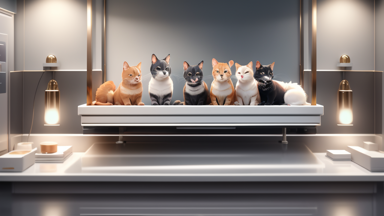 Six cats on shelf in a sleek modern kitchen at Pet Care Centers pet center