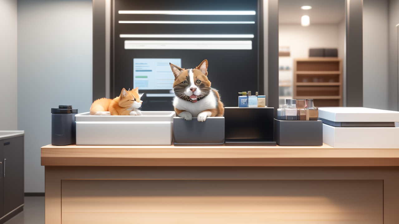 Trendy Pet Centers futuristic scene with modern countertop and sleek containers