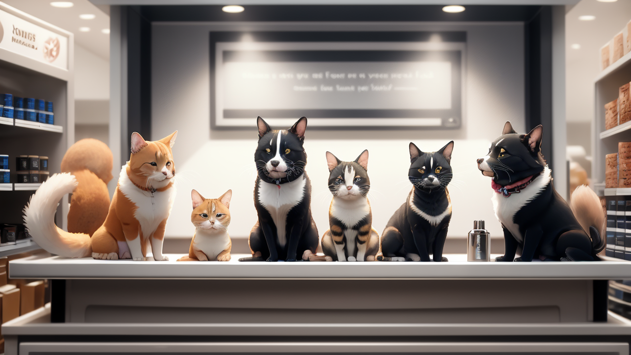 Cats on scales in pet center store with shelves of pet products in background