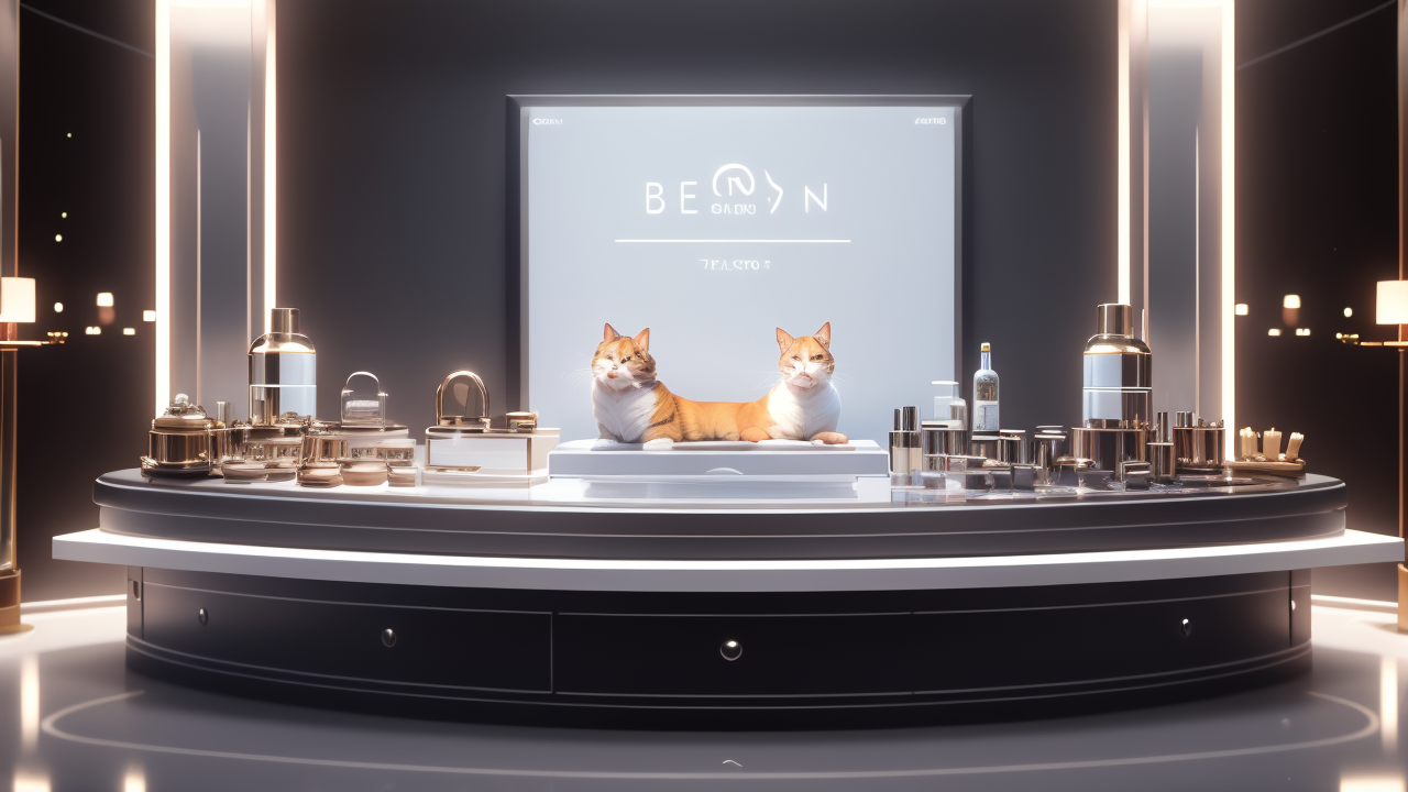 Pet Station display with cats and luxury beauty products at Pet Center counter