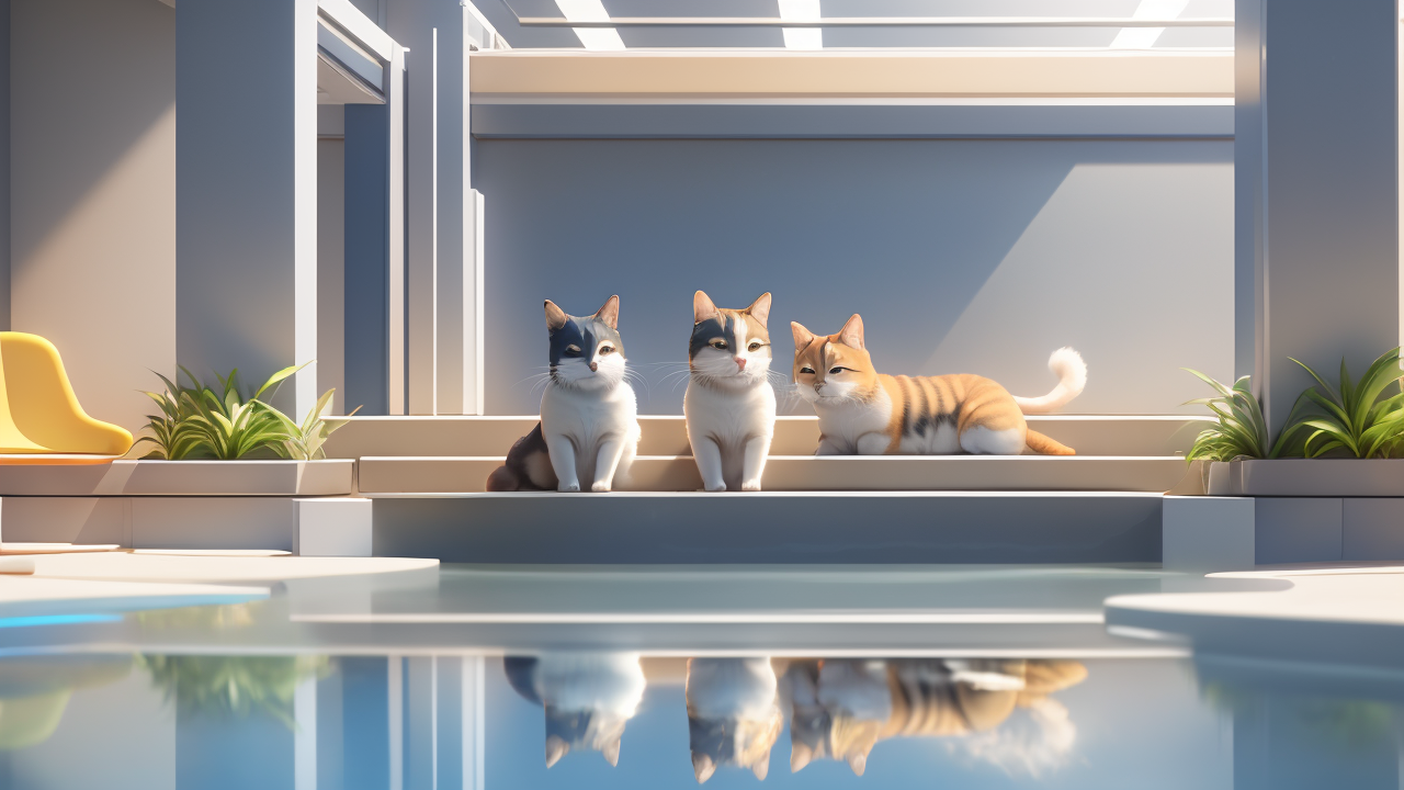 Pet Oasis: quirky cat scene with a pet tent, floating platform, and blue liquid bowl