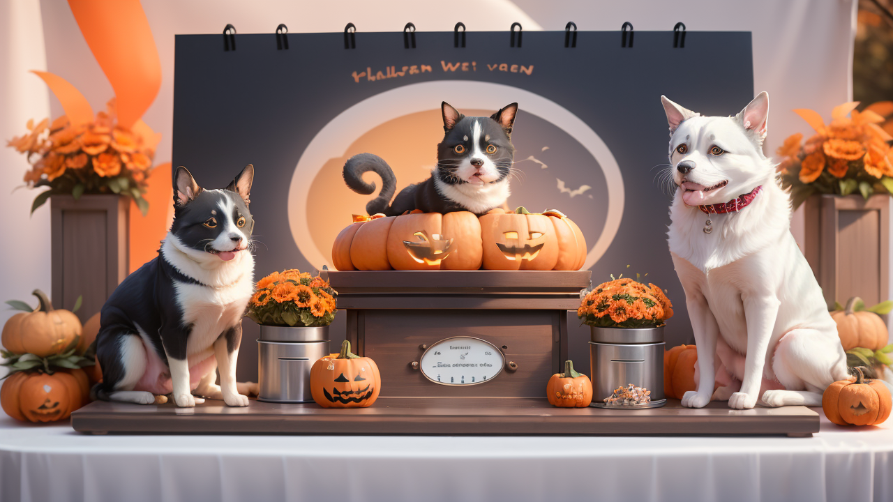 Pet Center Halloween display with carved pumpkins and dogs on a festive table